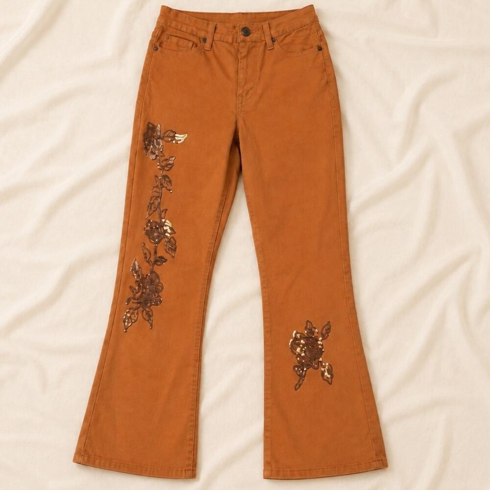 DG2 Women’s Petite 10 Cropped Bootcut Jeans Brown Floral Sequin Stretch